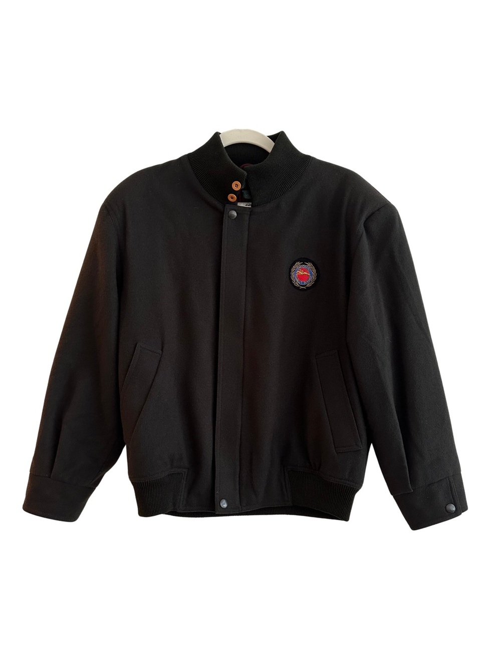 Vintage Longchamp Paris Green Wool Bomber Jacket with Crest Logo